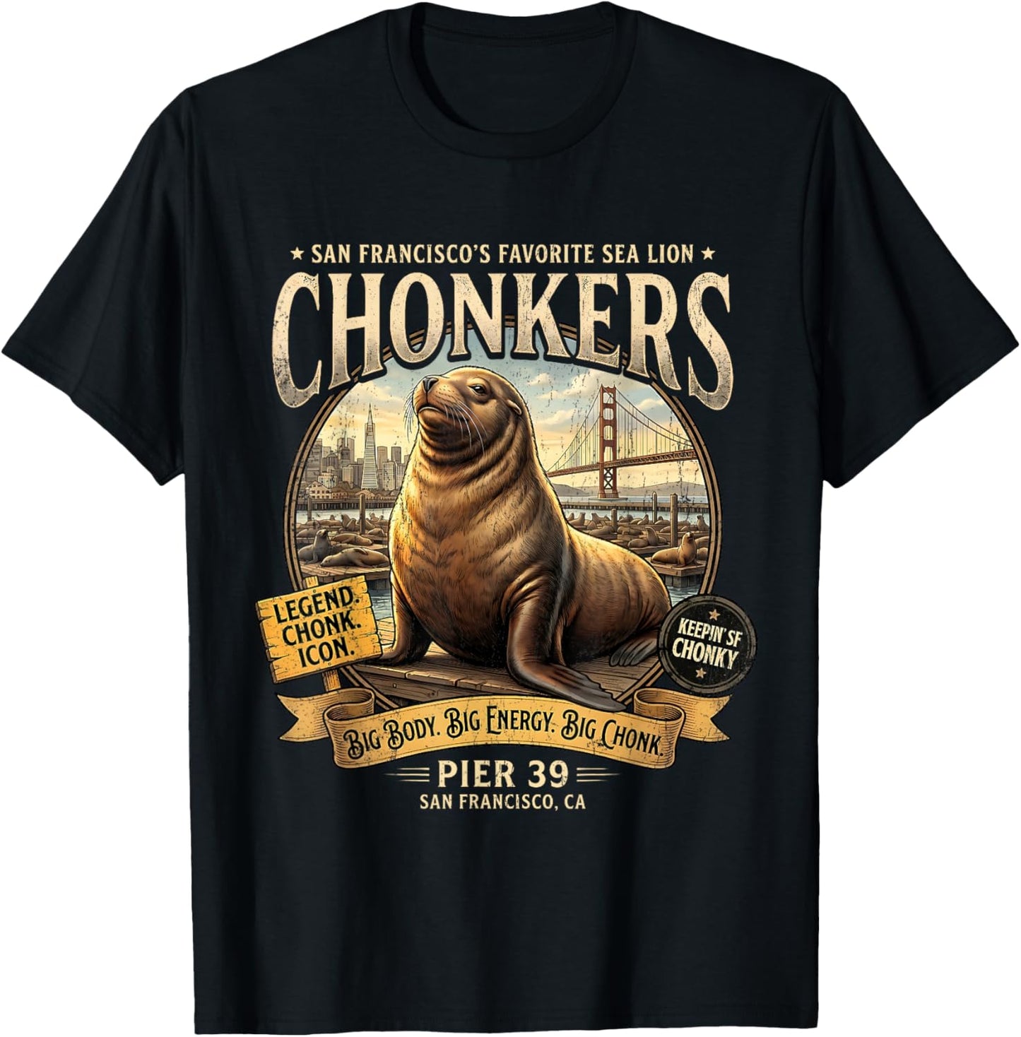 San Francisco Sea Lion Chonkers SF Pier 39 Retro Souvenir T-Shirt - T-Shirt | Black
