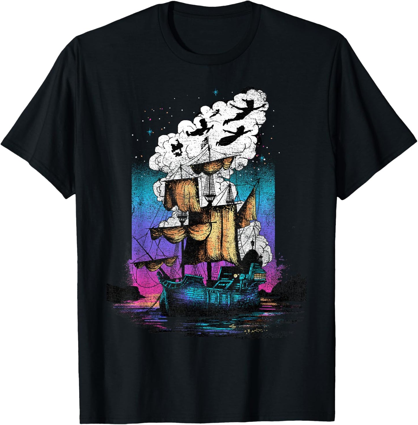 Disney Peter Pan Pirate Ship Flight Neon Graphic T-Shirt - T-Shirt | Black