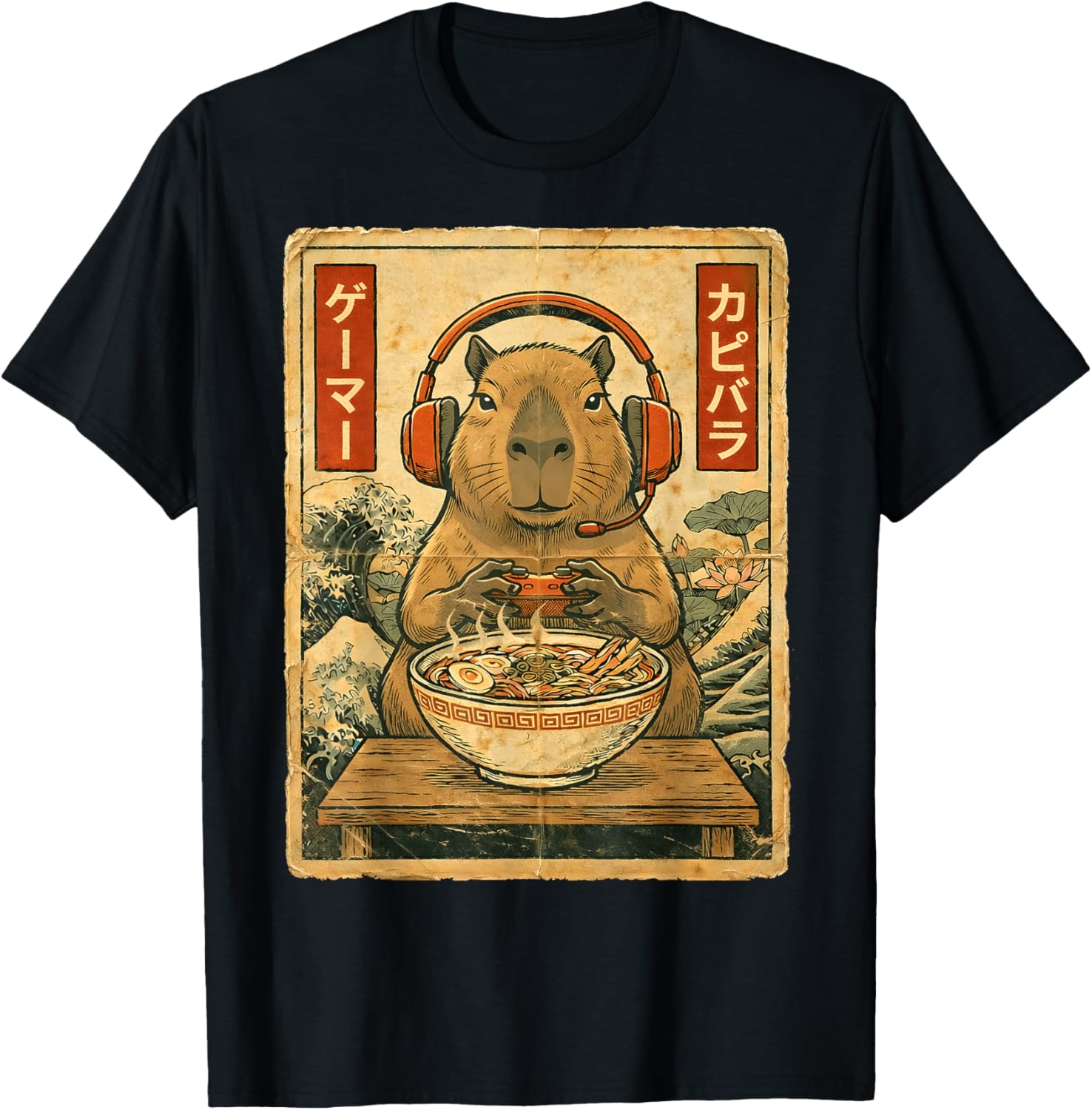 Cute Kawaii Gamer Capybara Funny Ramen Retro Japanese Gaming T-Shirt - T-Shirt | Black