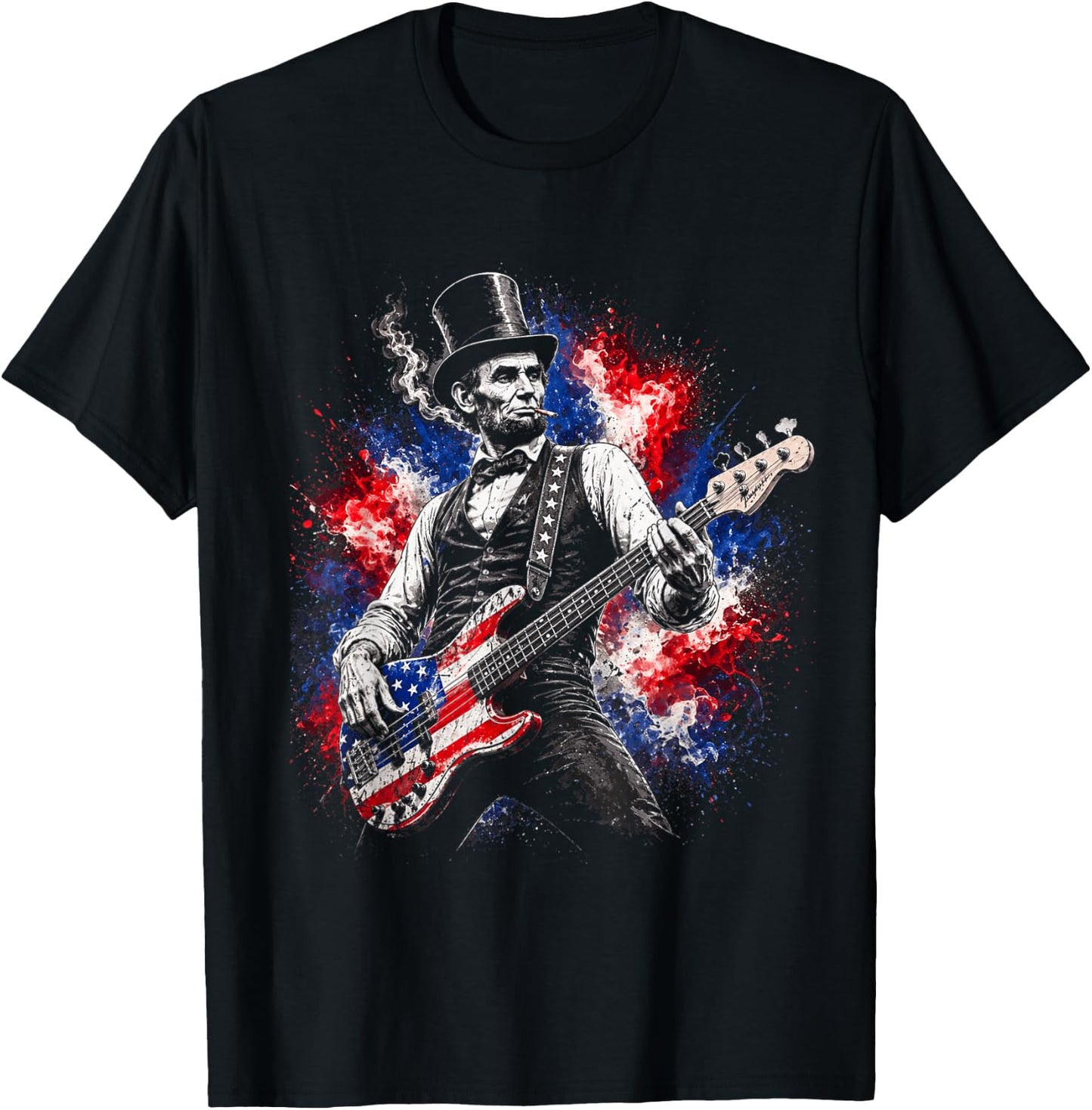 abe Lincoln Playing Guitar USA Flag 4th July Lincoln Guitar T-Shirt - T-Shirt | Black