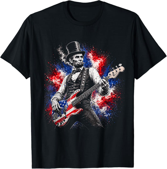 abe Lincoln Playing Guitar USA Flag 4th July Lincoln Guitar T-Shirt - T-Shirt | Black