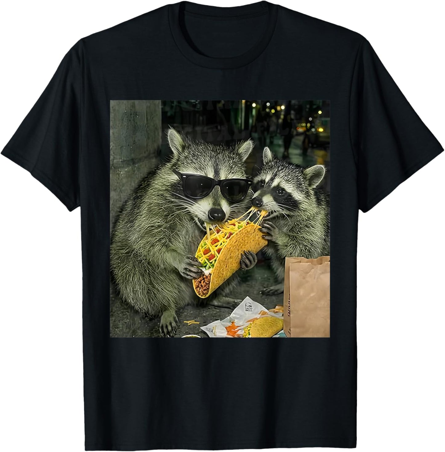 Vintage Raccoon Eating Tacos Funny Street Food Animal Meme T-Shirt - T-Shirt | Black