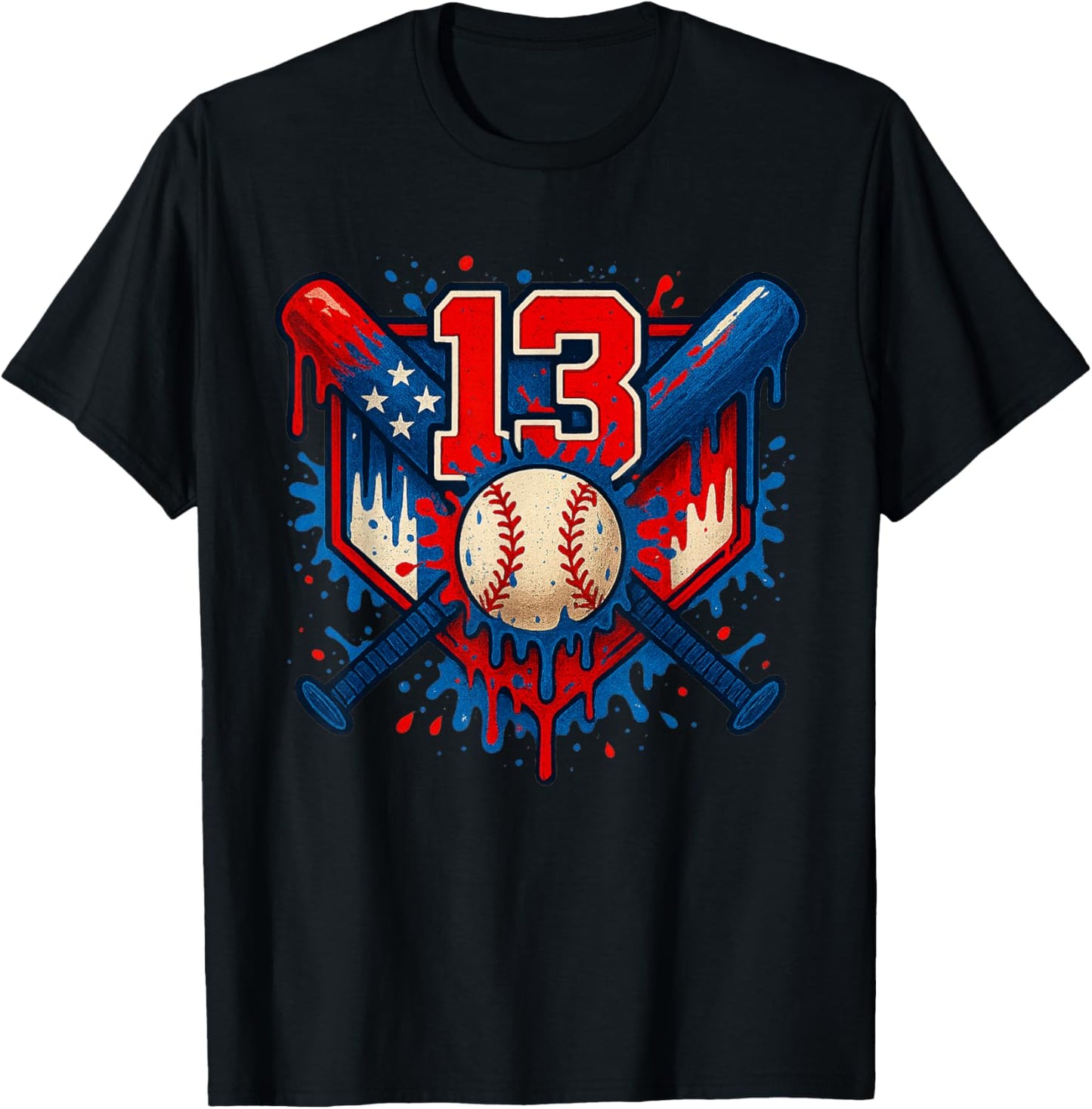 Baseball 13 Year Old Splash Drip 13th Birthday Boy Number 13 T-Shirt - T-Shirt | Black