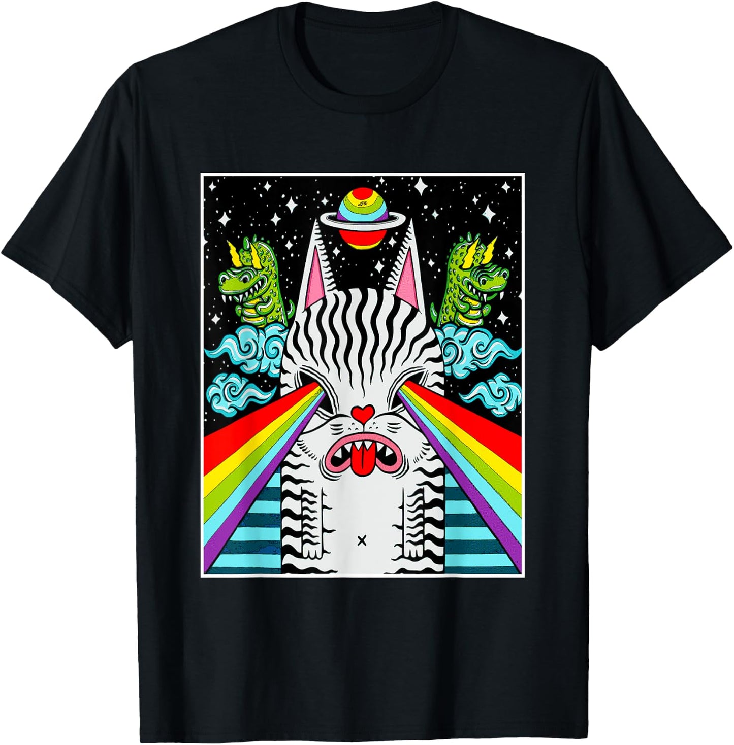 Trippy Psychedelic Rainbow Space Cat Dinosaur Pop Art Shirt T-Shirt - T-Shirt | Black
