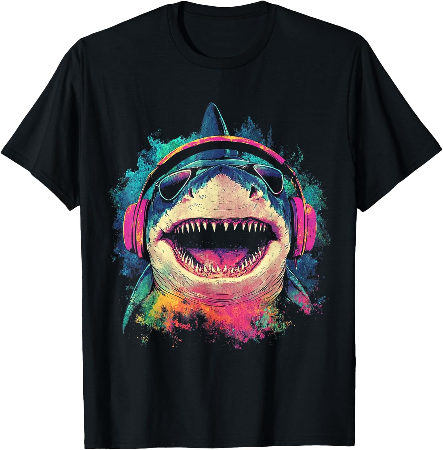 Shark Animal Graphic Music Headphone Art Shark T-Shirt - T-Shirt | Black