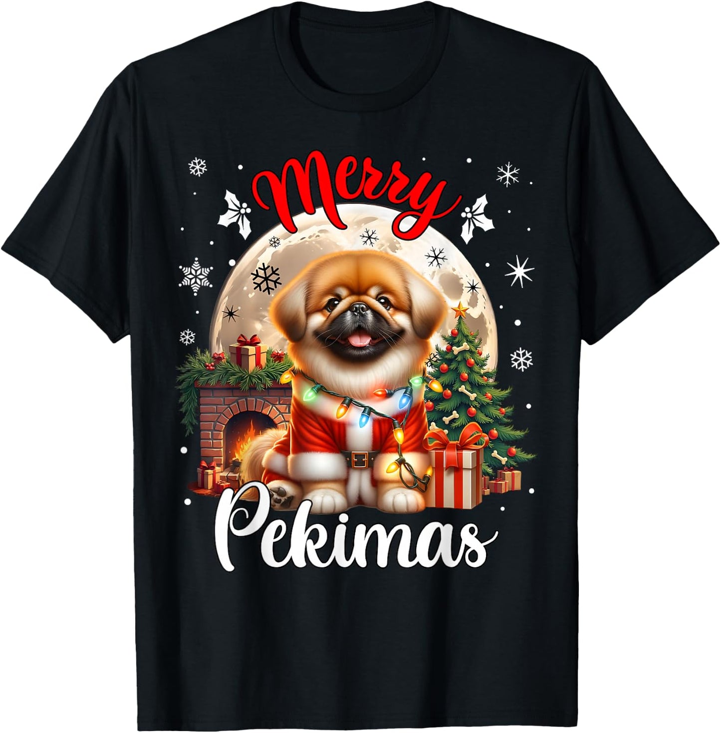 Merry Christmas Pekingese & Women -Adults Black Small Cartoon Humor Modern Round Collar Straight Short Sleeve T-Shirt - T-Shirt | Black