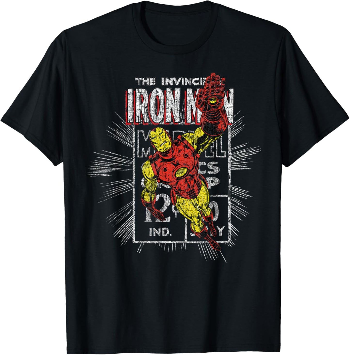Iron Man Retro Comic Book Stamp Flying Pose Graphic T-Shirt - T-Shirt | Black