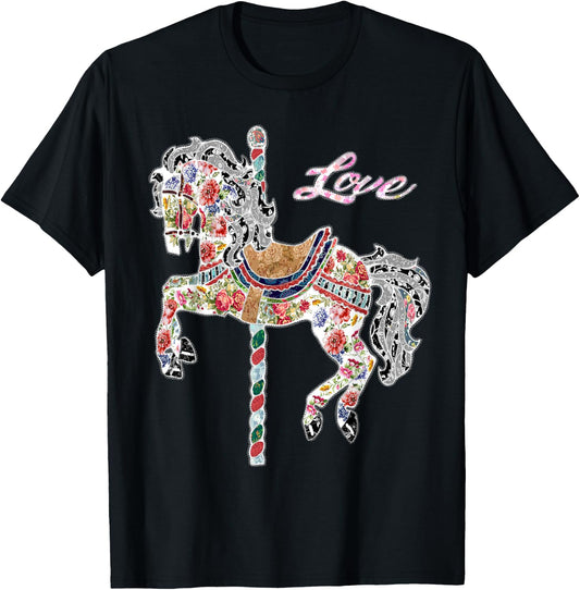 Carousel horse vintage illustration quilting style shirt. T-Shirt - T-Shirt | Black