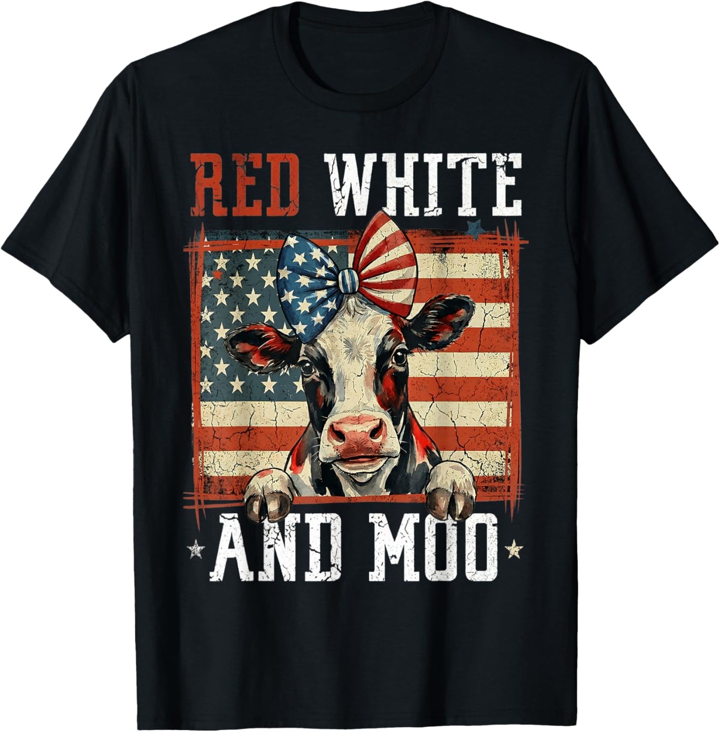 Red White and Moo Patriotic Cow USA Flag 4th of July T-Shirt - T-Shirt | Black