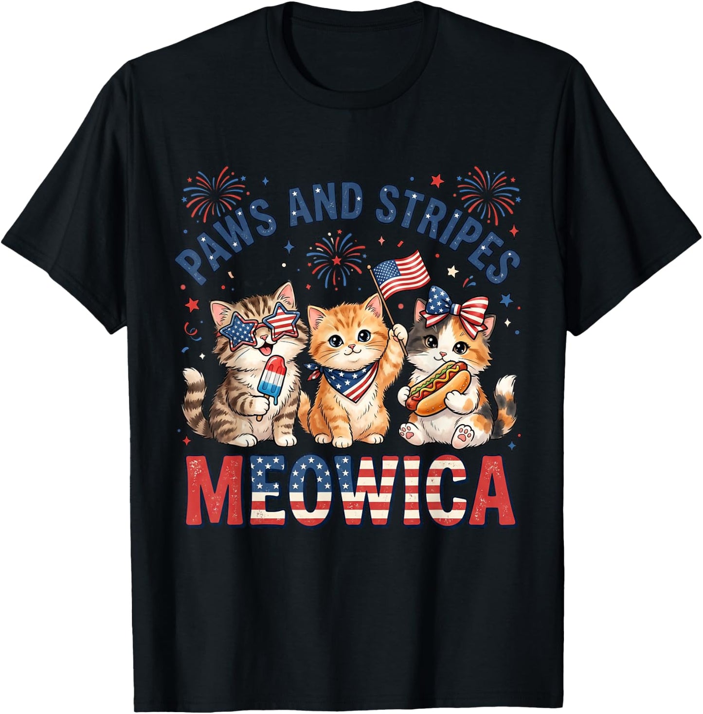 Paws and Stripes Meowica Patriotic Cat 4th of July Kitten T-Shirt - T-Shirt | Black