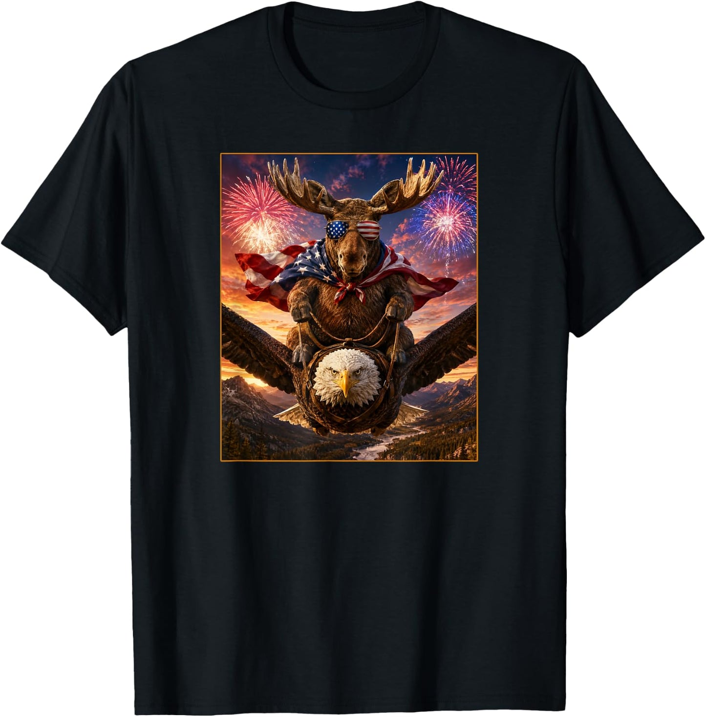 Moose on Bald Eagle American Flag Glasses USA T-Shirt - T-Shirt | Black