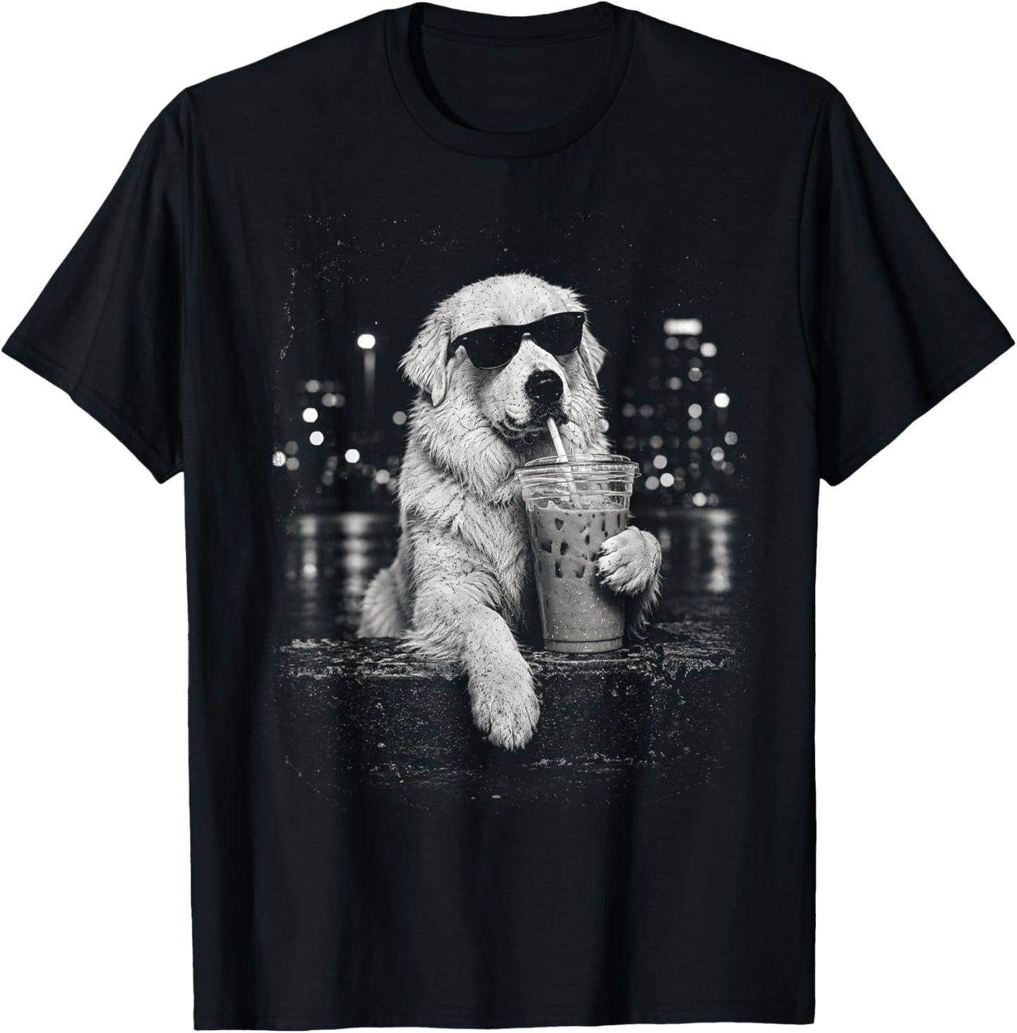 Funny Great Pyrenees Drinking Iced Coffee Meme T-Shirt - T-Shirt | Black