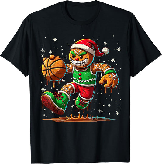 Christmas Gingerbread Man Sports Player Cool Basketball Xmas T-Shirt - T-Shirt | Black