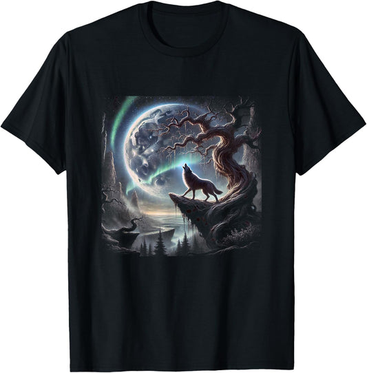 Wolf howling in crescent moon T-Shirt - T-Shirt | Black