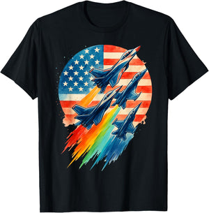 Vintage Fighter American Flag Fighter Jet 4th of July T-Shirt - T-Shirt | Black