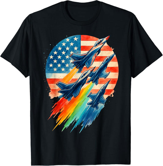 Vintage Fighter American Flag Fighter Jet 4th of July T-Shirt - T-Shirt | Black