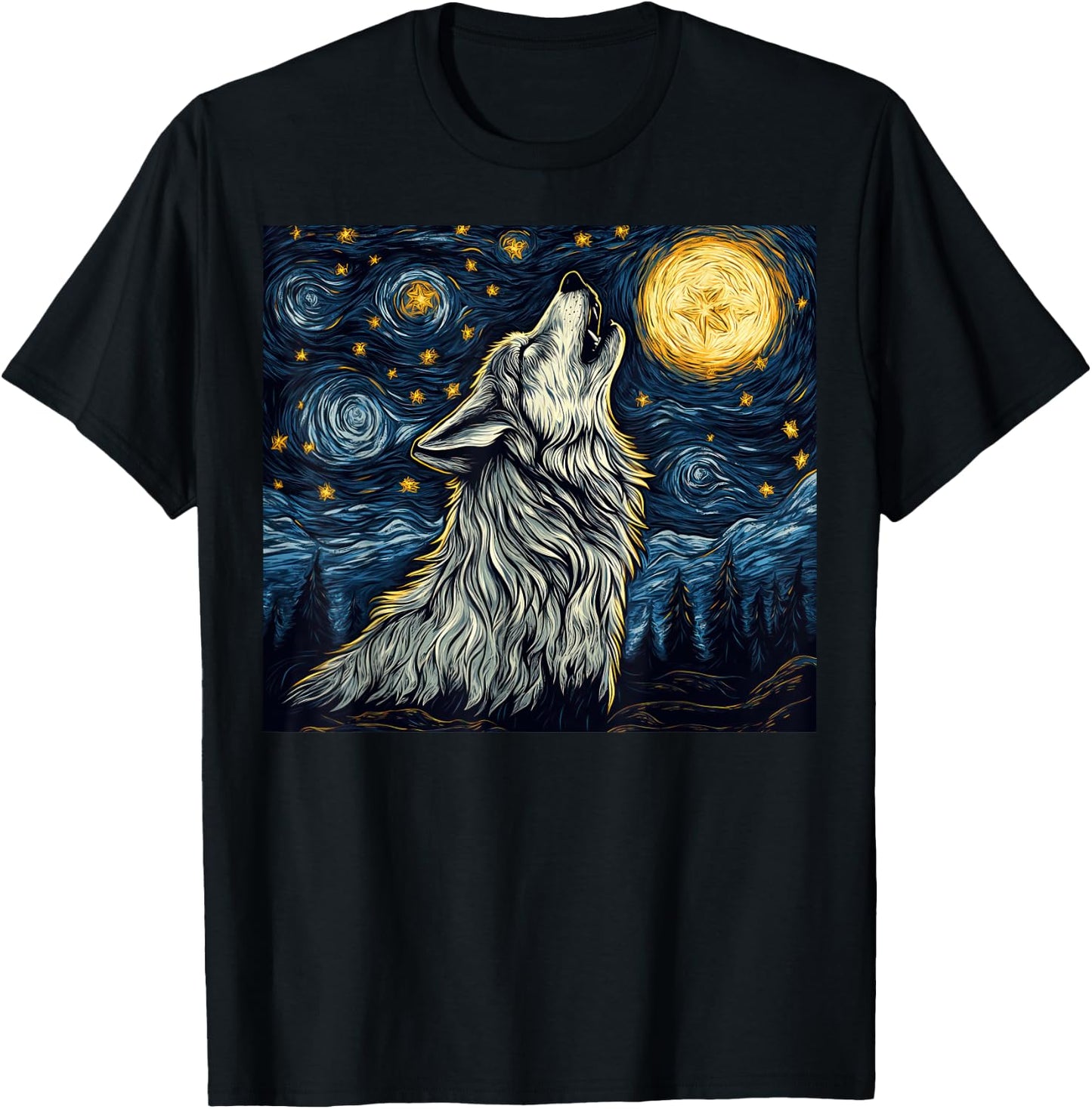 Wolf Starry Night Howling Moon Funny Van Gogh Graphic T-Shirt - T-Shirt | Black