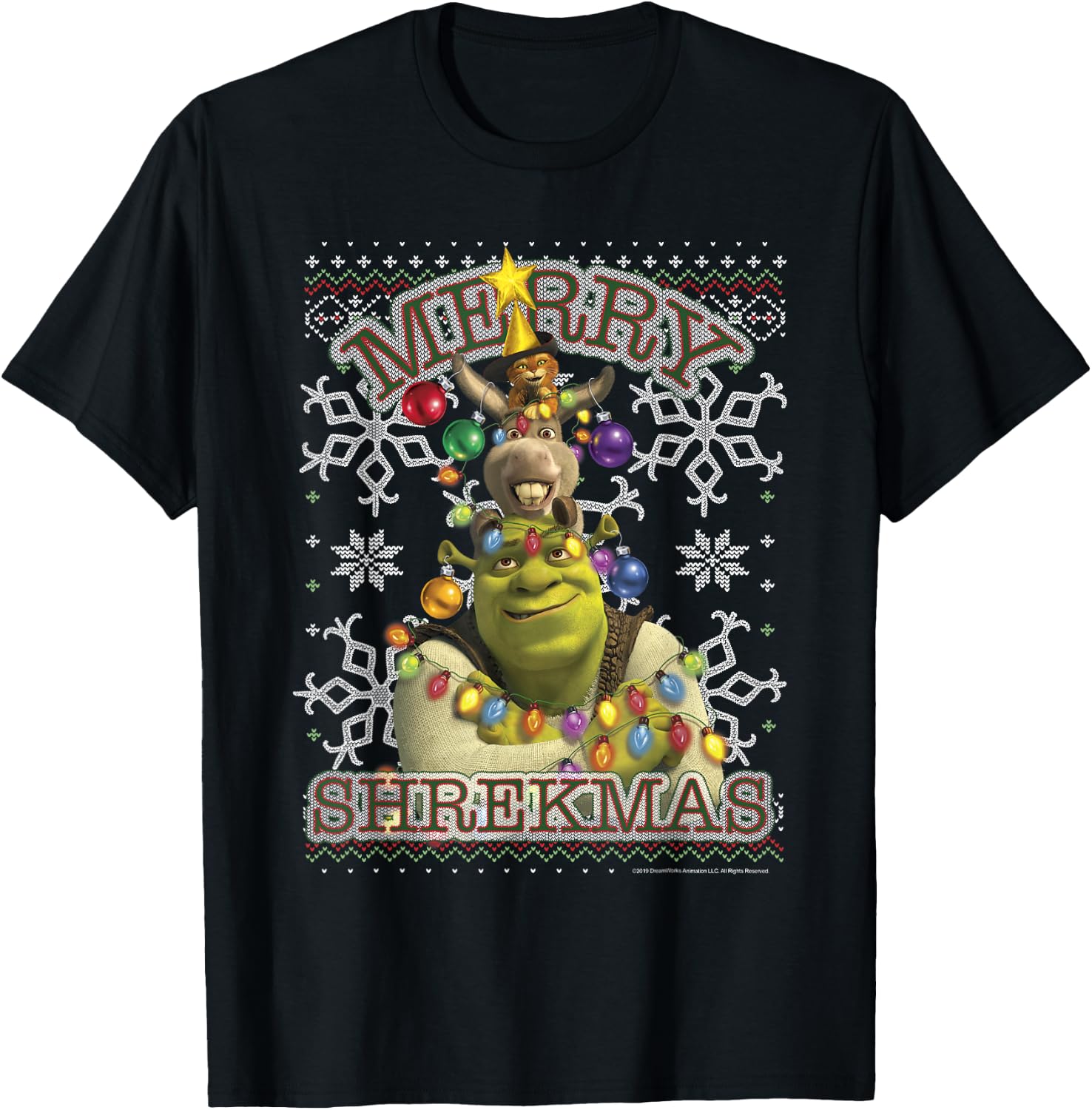 Shrek Donkey & Puss Merry Shrekmas Holiday Text Poster T-Shirt - T-Shirt | Black