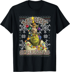 Shrek Donkey & Puss Merry Shrekmas Holiday Text Poster T-Shirt - T-Shirt | Black