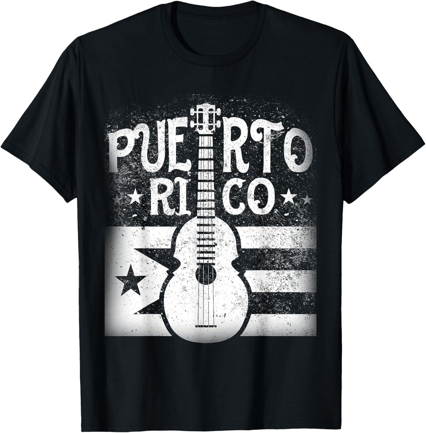 Puerto Rican | Cuatro Guitar Puerto Rico Flag T Shirt T-Shirt - T-Shirt | Black
