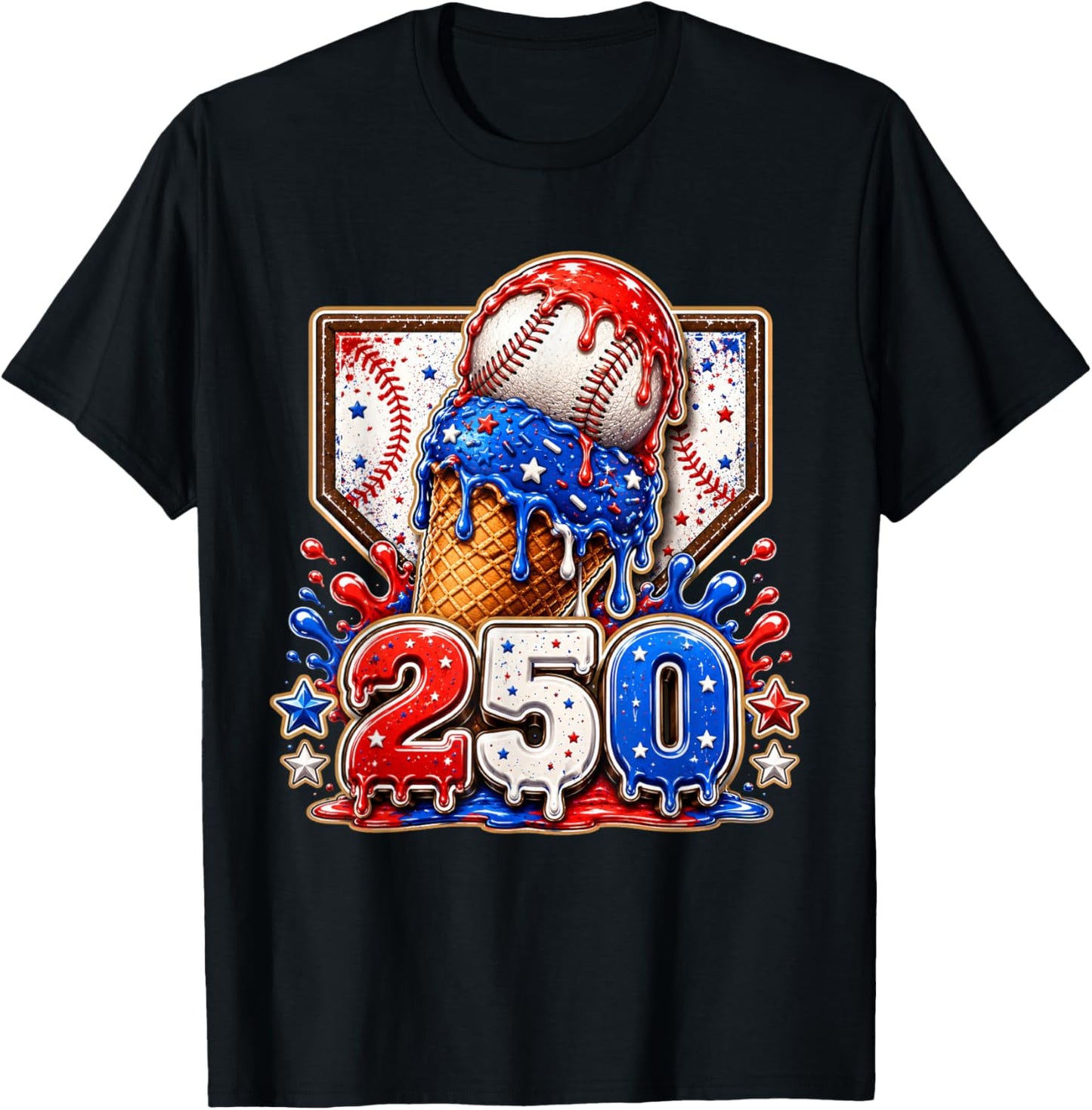 America 250 Years Baseball Boys Ice Cream Funny Drip T-Shirt - T-Shirt | Black