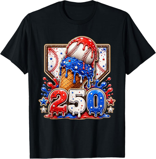 America 250 Years Baseball Boys Ice Cream Funny Drip T-Shirt - T-Shirt | Black