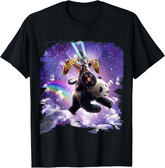 Lazer Warrior Space Cat Riding Panda With Taco T-Shirt - T-Shirt | Black