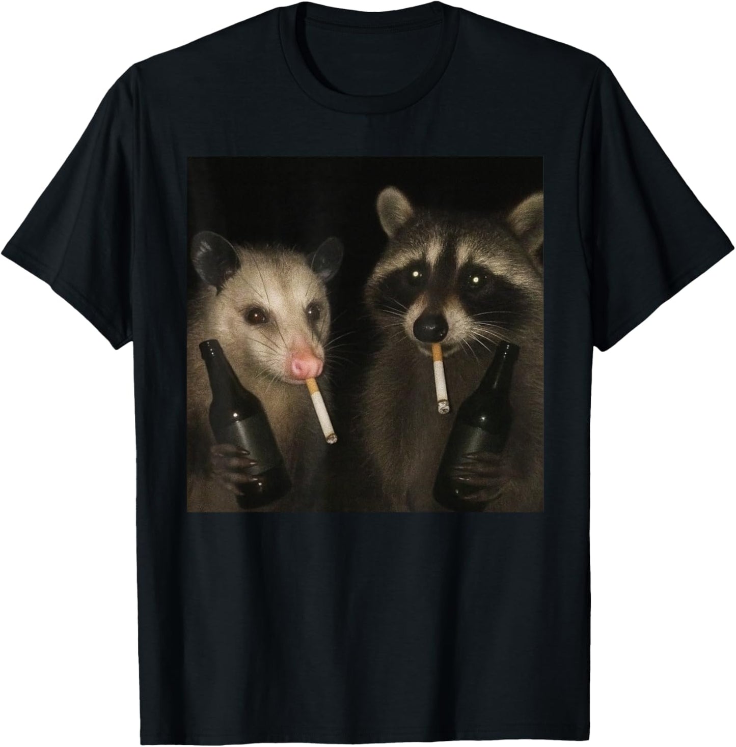 Funny Raccon and an Opossum Smoking Cigarette and Drinking T-Shirt - T-Shirt | Black