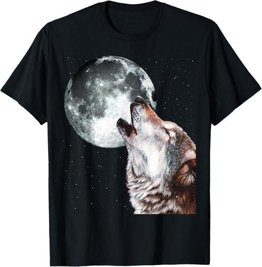 Howling Wolf At The Full Moon Men Women Wolf Lover T-Shirt - T-Shirt | Black