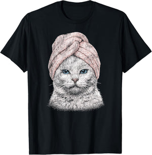 Cute Spa Cat Blue Eyes Pink Towel Funny Kitty Vintage T-Shirt - T-Shirt | Black