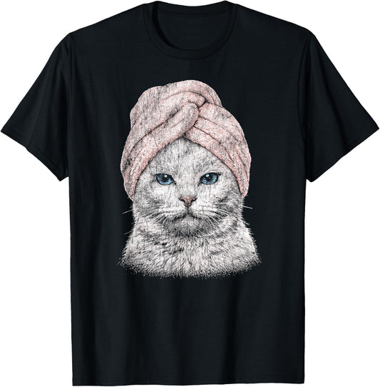 Cute Spa Cat Blue Eyes Pink Towel Funny Kitty Vintage T-Shirt - T-Shirt | Black
