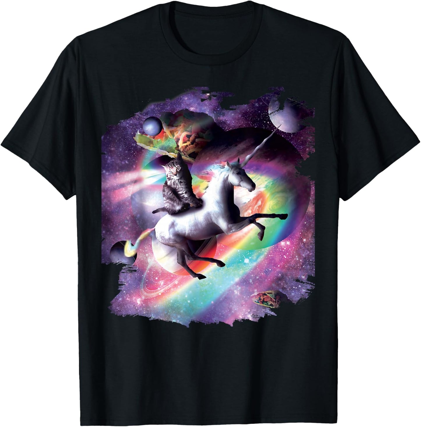 Space Cat Riding Unicorn - Laser, Tacos and Rainbow T-Shirt - T-Shirt | Black