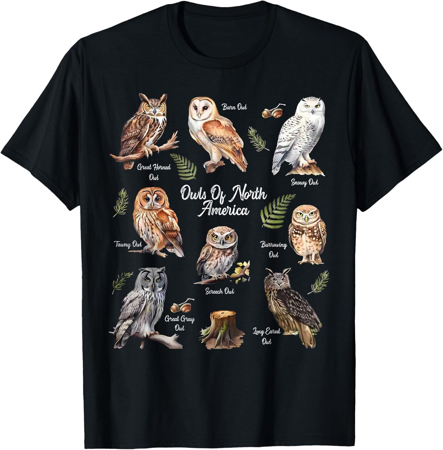 Owl Types North American Bird Of Prey Forest Bird Watcher T-Shirt - T-Shirt | Black