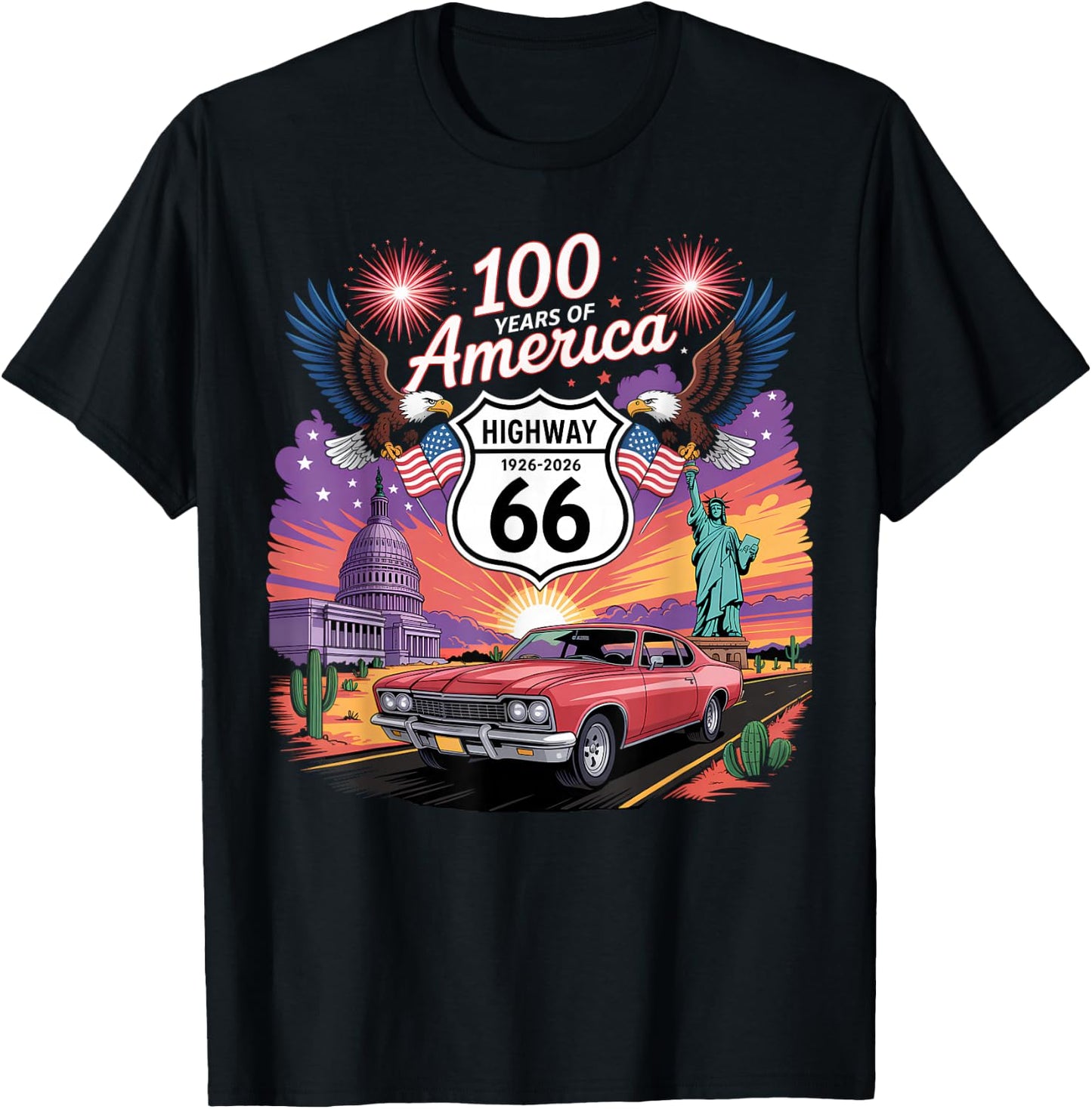 Highway 66 Centennial Car Anniversary 100 Years 1926-2026 T-Shirt - T-Shirt | Black