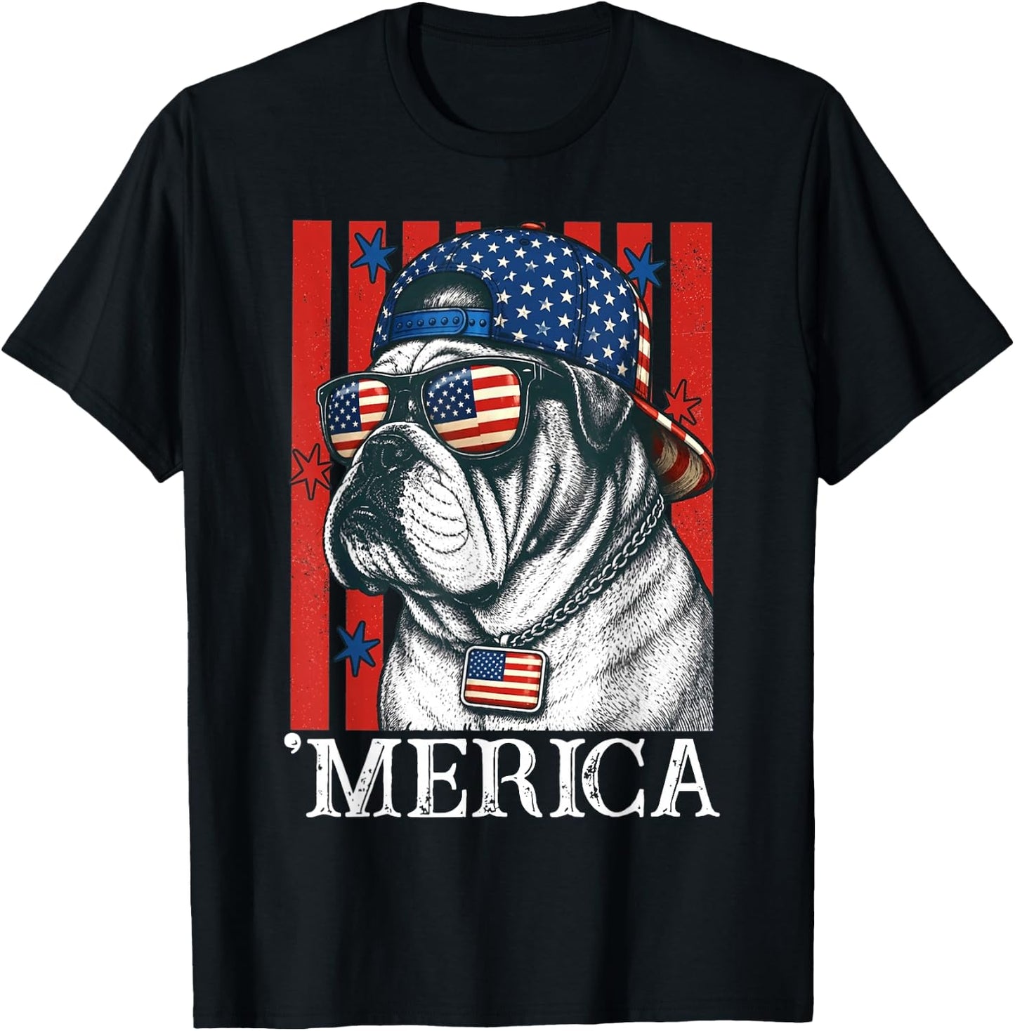 Merica Dog Patriotic English Bulldog American Flag T-Shirt - T-Shirt | Black