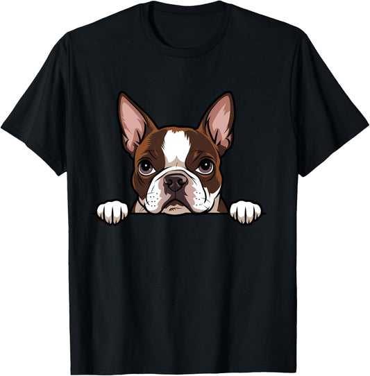 Cute Boston Terrier Peeking Puppy Funny Bostie Dog Lover T-Shirt - T-Shirt | Black