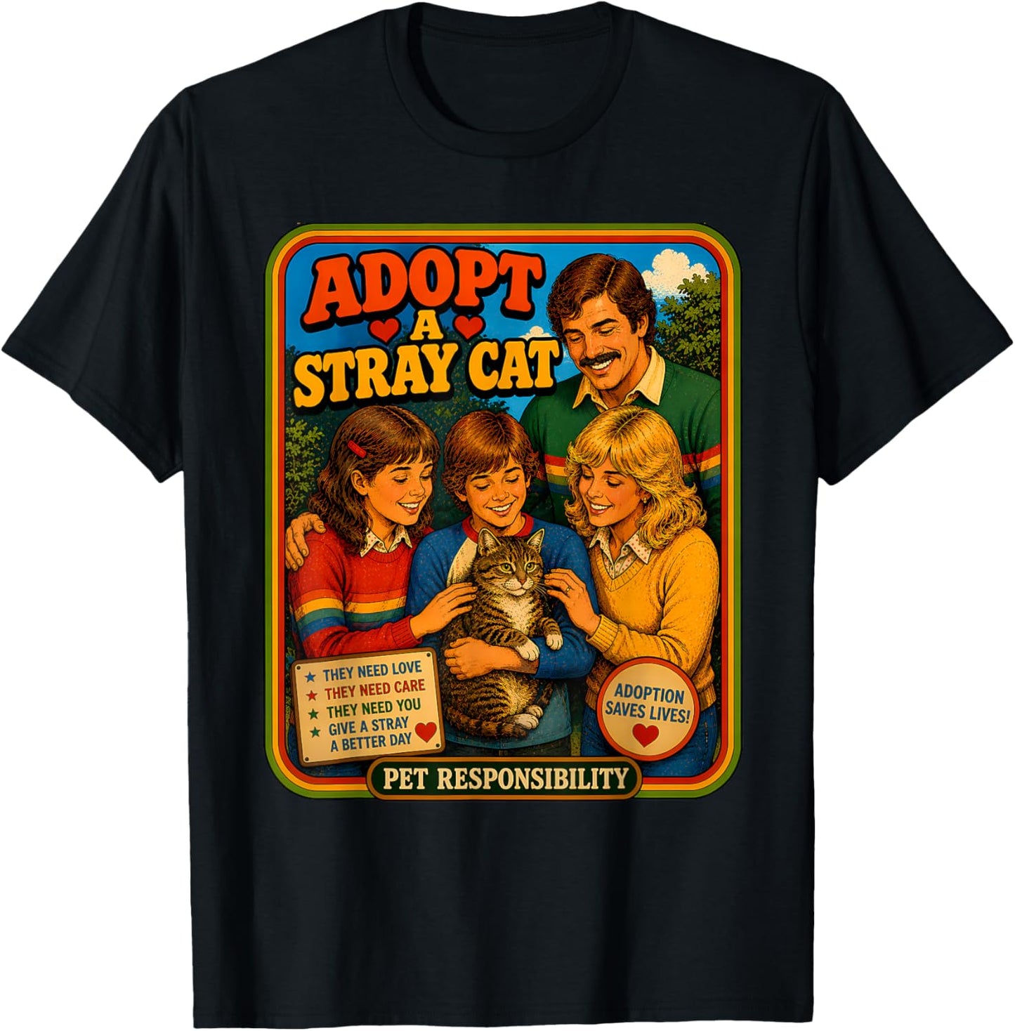 Adopt A Stray Cat Rescue Awareness Pet Adoption Retro 70s T-Shirt - T-Shirt | Black