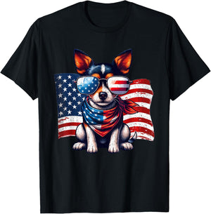 Toy Fox Terrier USA Flag Sunglasses Patriotic Pets Vintage T-Shirt - T-Shirt | Black