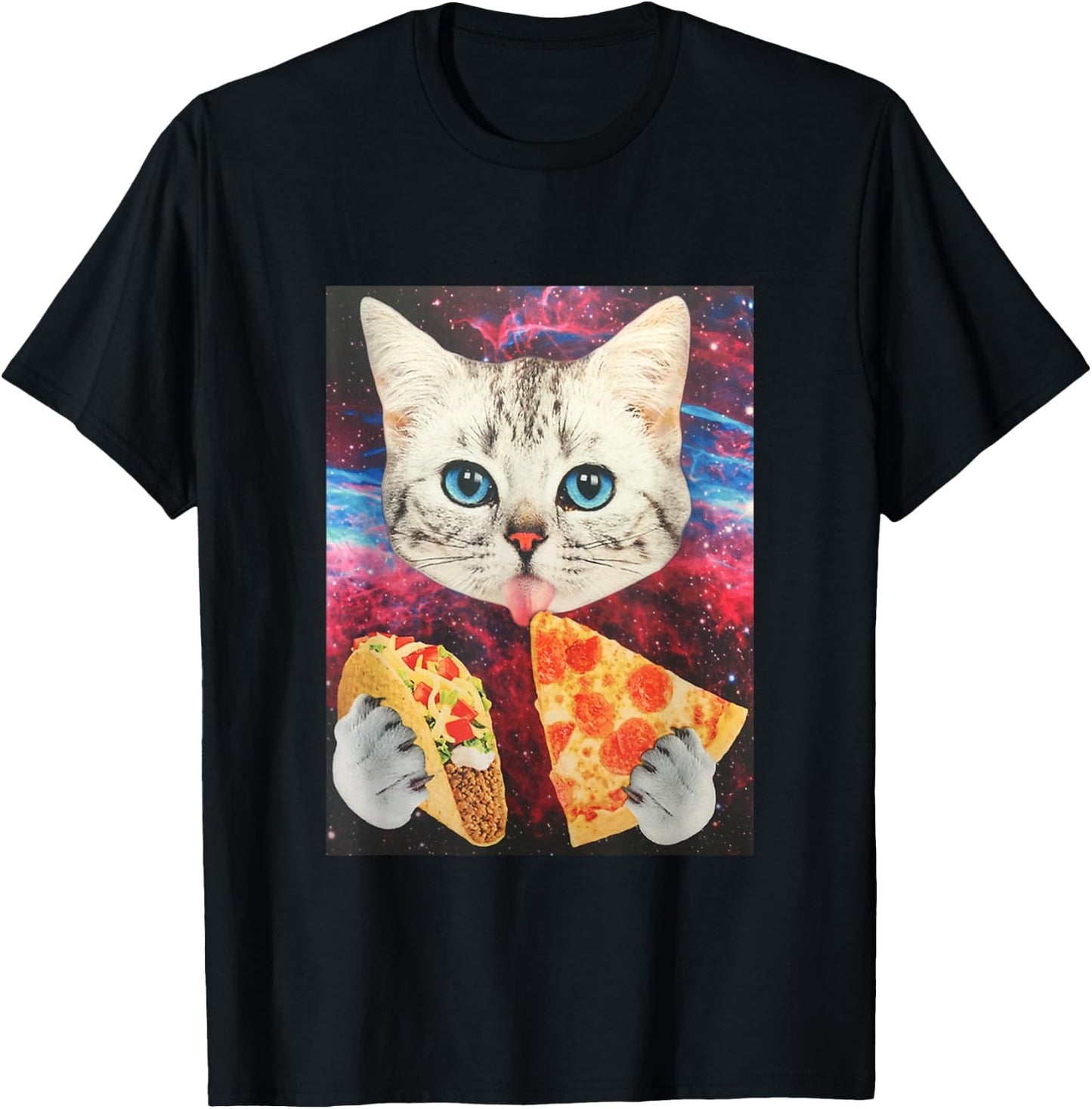 Funny Cute Outer Space Galaxy Cat Meme Pizza Taco Trippy T-Shirt - T-Shirt | Black
