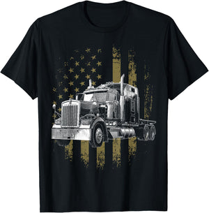 Trucker American Flag Big Rig Semi-Trailer Truck Driver Gift T-Shirt - T-Shirt | Black
