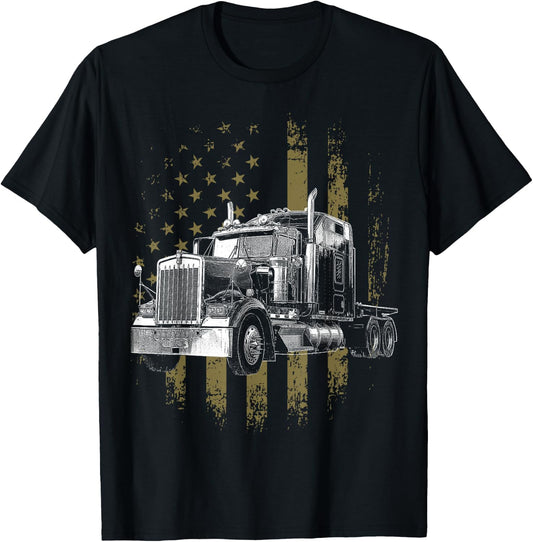 Trucker American Flag Big Rig Semi-Trailer Truck Driver Gift T-Shirt - T-Shirt | Black