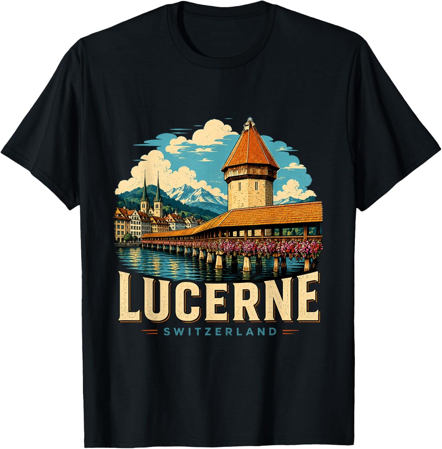 Vintage Lucerne Switzerland Travel Souvenir Landmark Gift T-Shirt - T-Shirt | Black