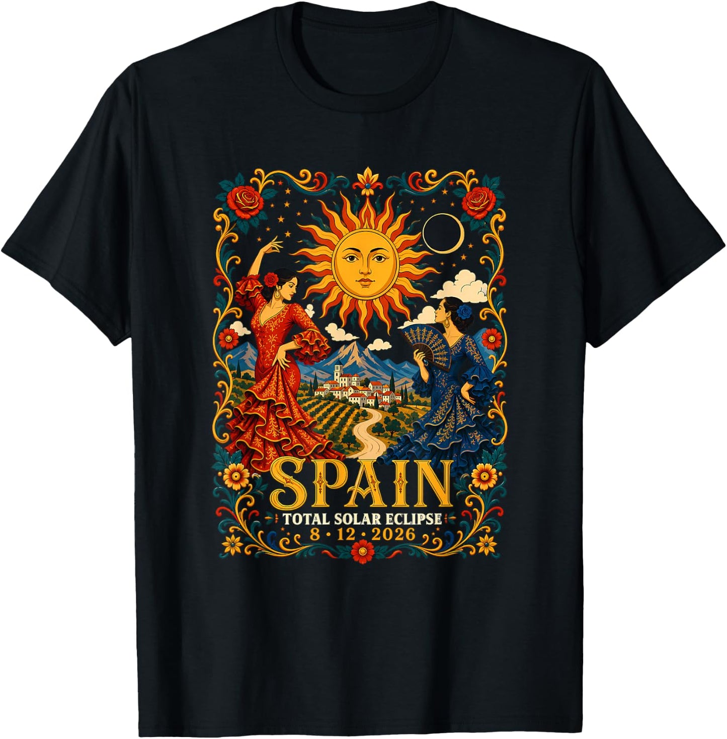 Spain Total Solar Eclipse 2026 August Flamenco Astronomy Art T-Shirt - T-Shirt | Black
