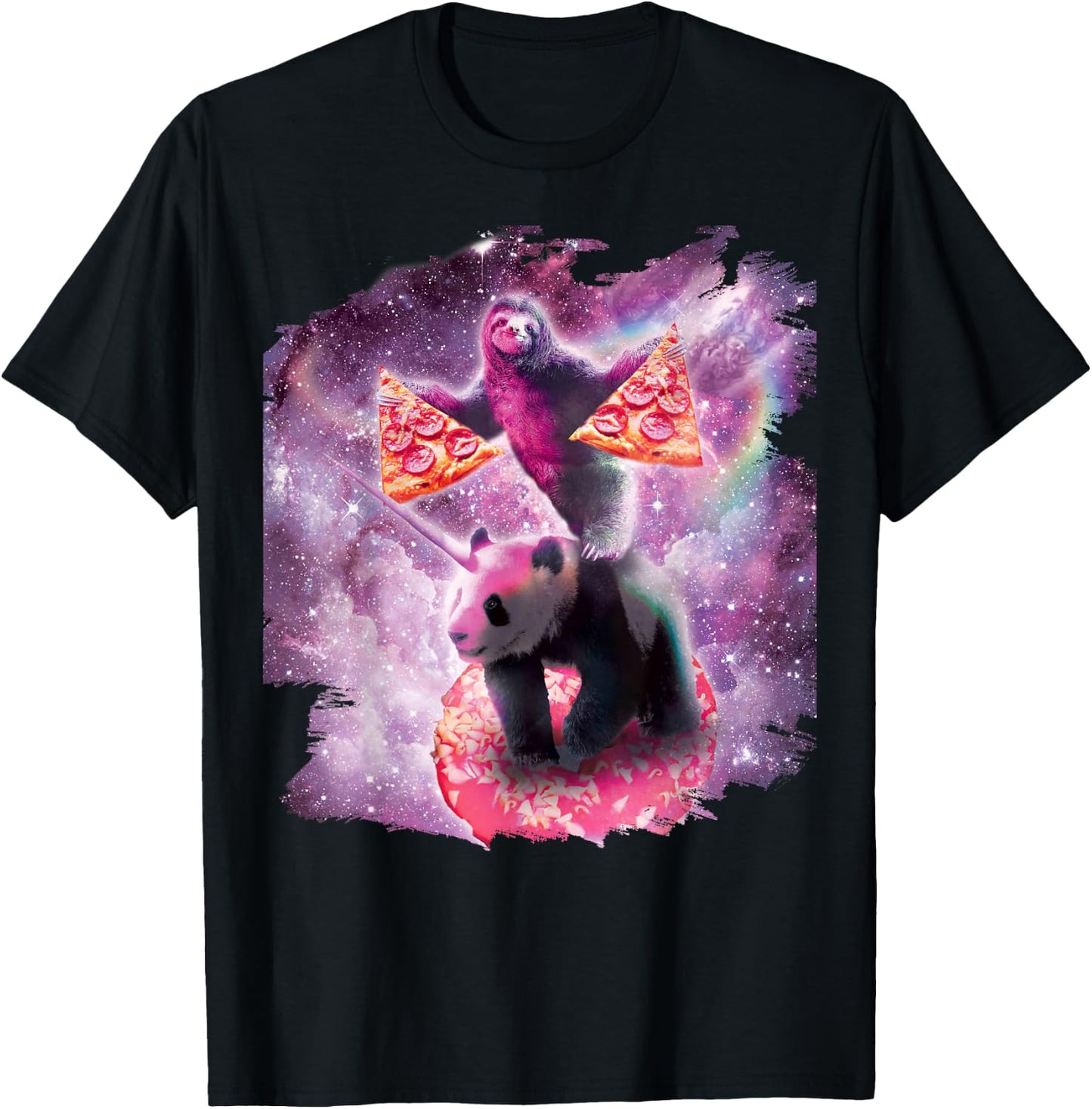 Space Pizza Sloth On Panda Unicorn On Doughnut T-Shirt - T-Shirt | Black