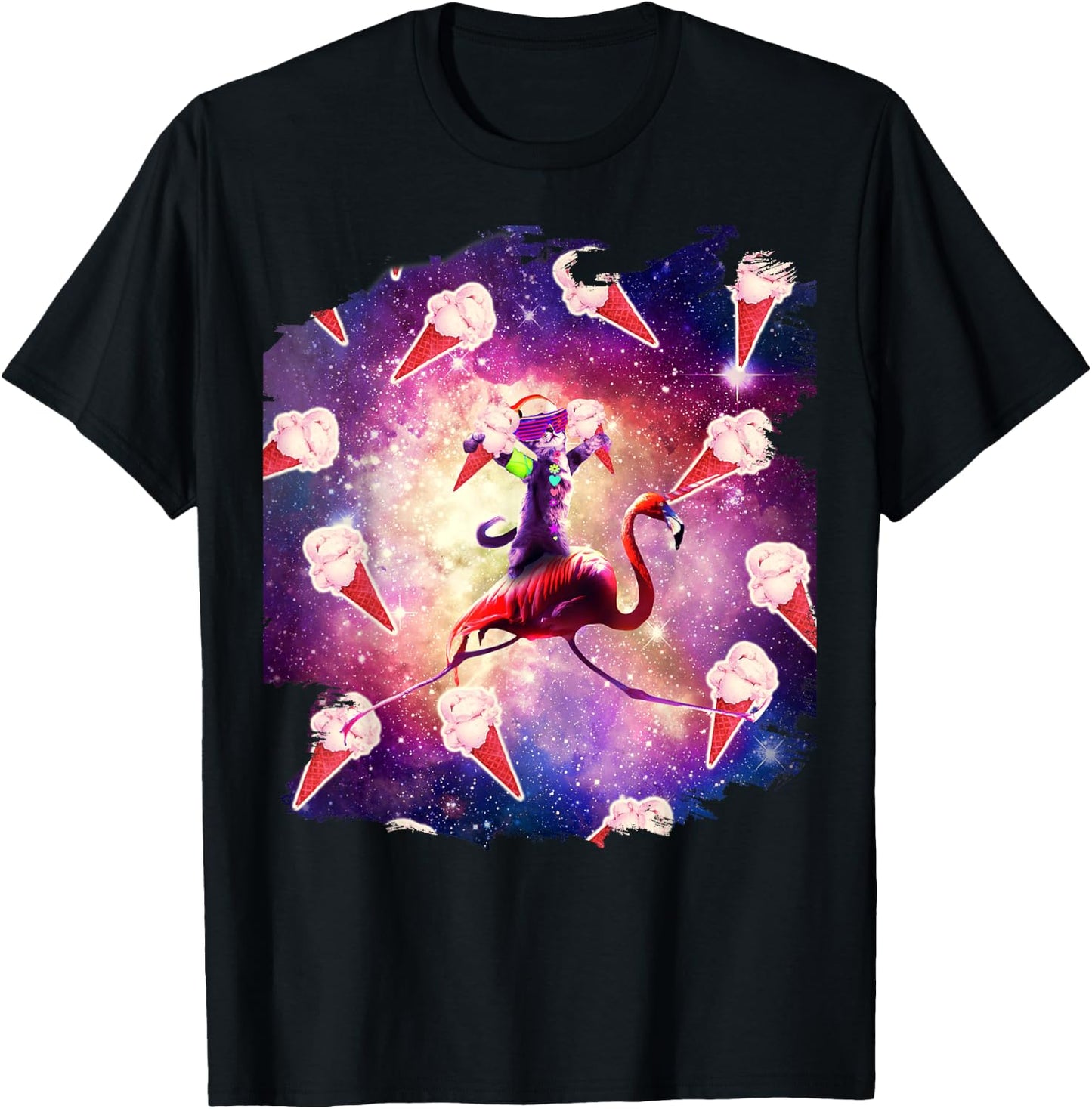 Rave Space Cat On Flamingo Unicorn - Ice Cream Women Kids T-Shirt - T-Shirt | Black