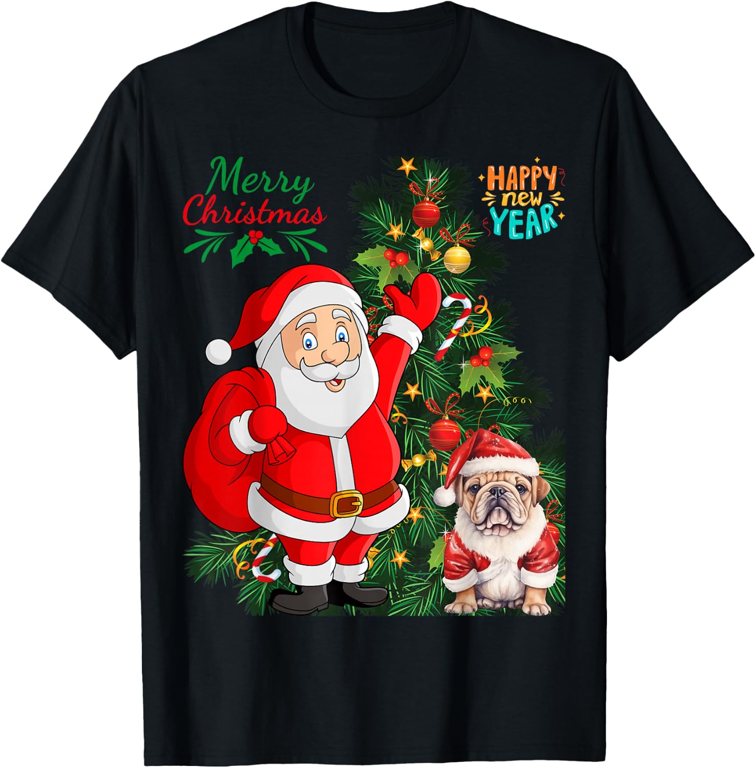 Merry Christmas Happy New Year Santa Claus English Bulldog T-Shirt - T-Shirt | Black
