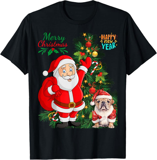 Merry Christmas Happy New Year Santa Claus English Bulldog T-Shirt - T-Shirt | Black