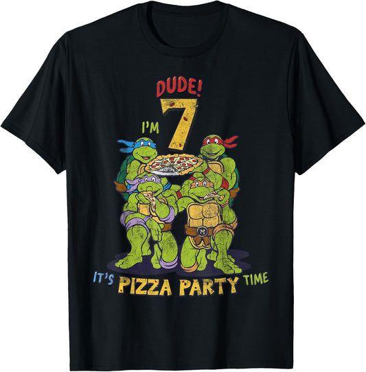Teenage Mutant Ninja Turtles I'm 7 Dude Pizza Birthday Party T-Shirt - T-Shirt | Black