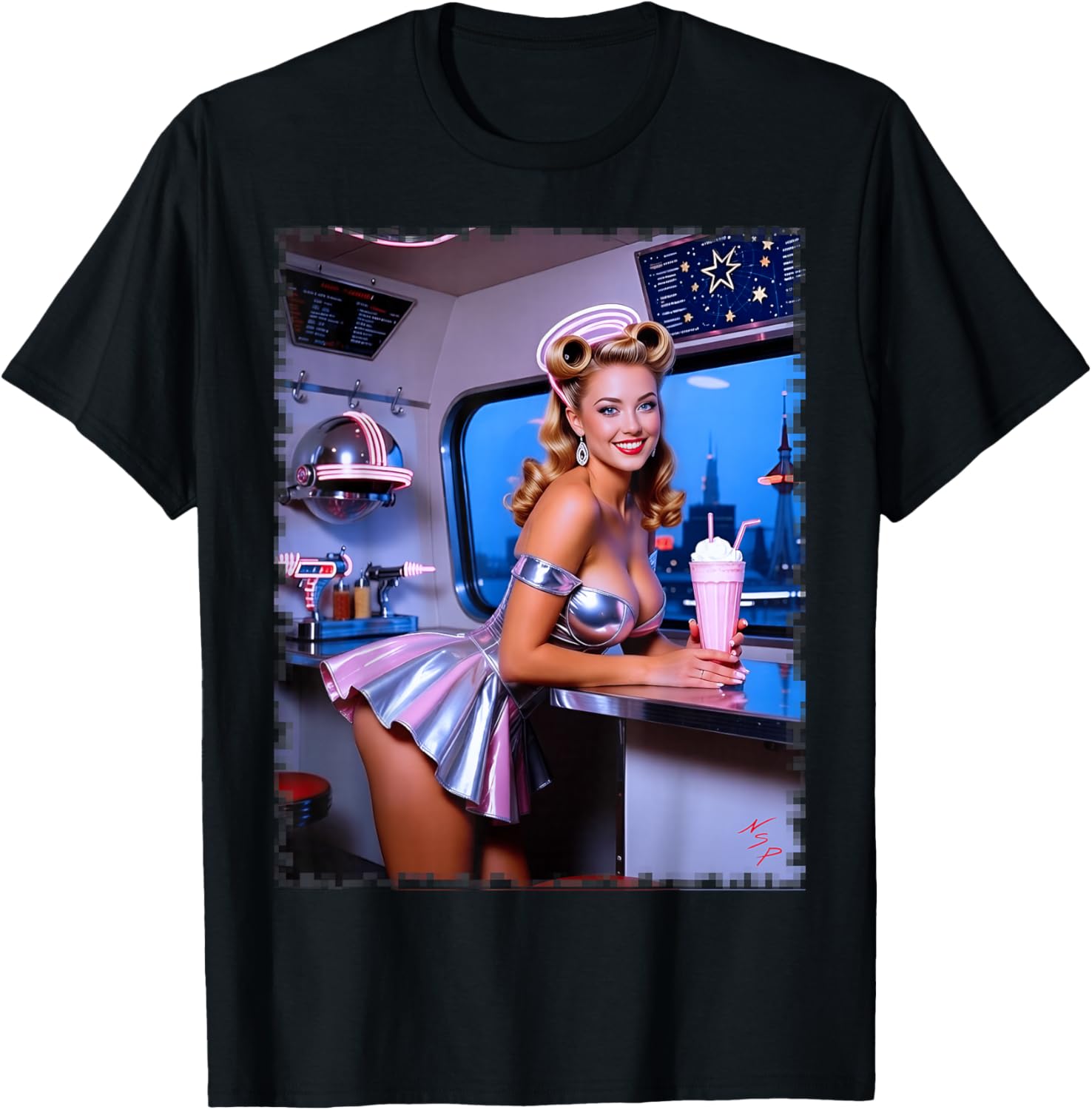 Pinup Girl T Shirt - Sexy Blonde Future Retro Pinup T-Shirt - T-Shirt | Black