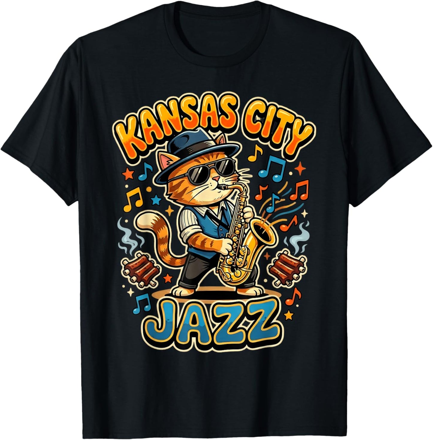 Kansas City Jazz Saxophone Cat Playing BBQ Ribs T-Shirt - T-Shirt | Black